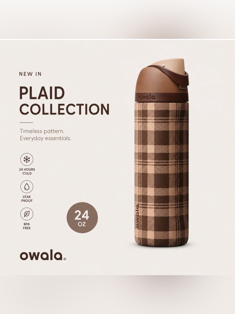 New Owala  24oz Plaid and Simple Insulated Water Bottle with Straw RARE SOLD OU